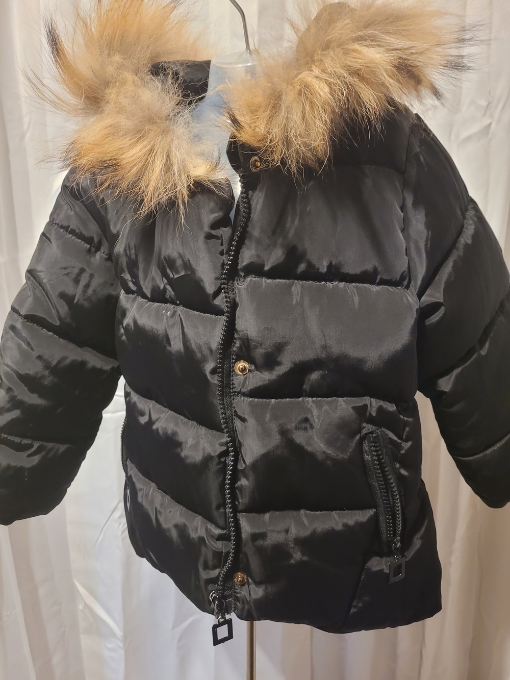 Kids Black Puffer Coat with Faux Fur Hood Size 4t
